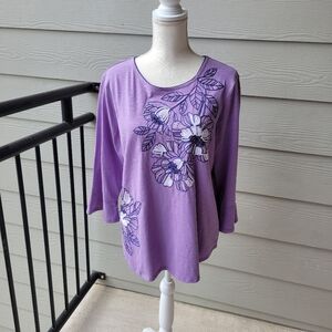 NWT Alfred Dunner Women's Embroidered Flutter Sleeve-Top Lavander Field Floral M